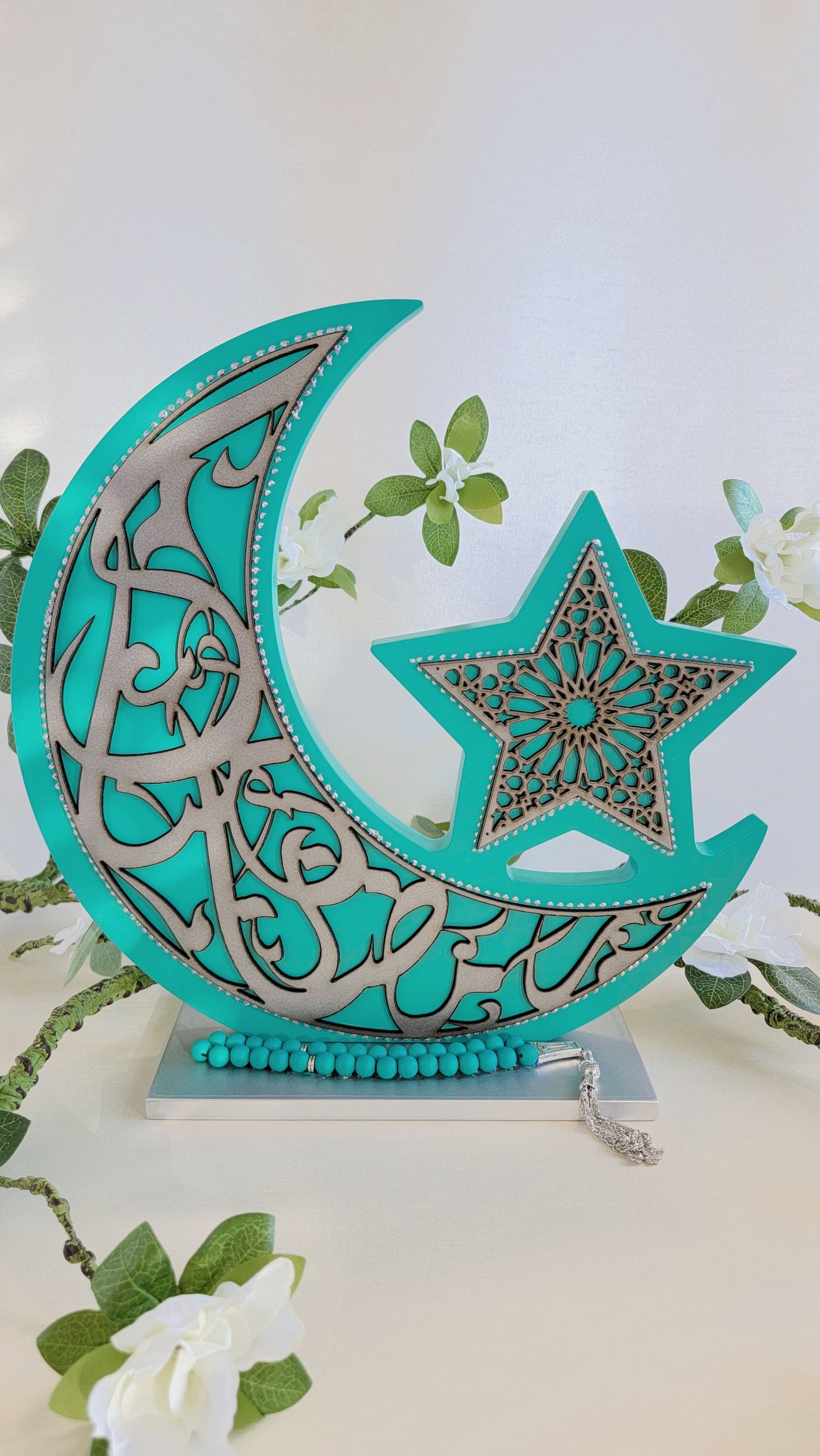 Ramadan Kareem Turquise Crescent Wooden Stand with Tasbih Prayer Beads