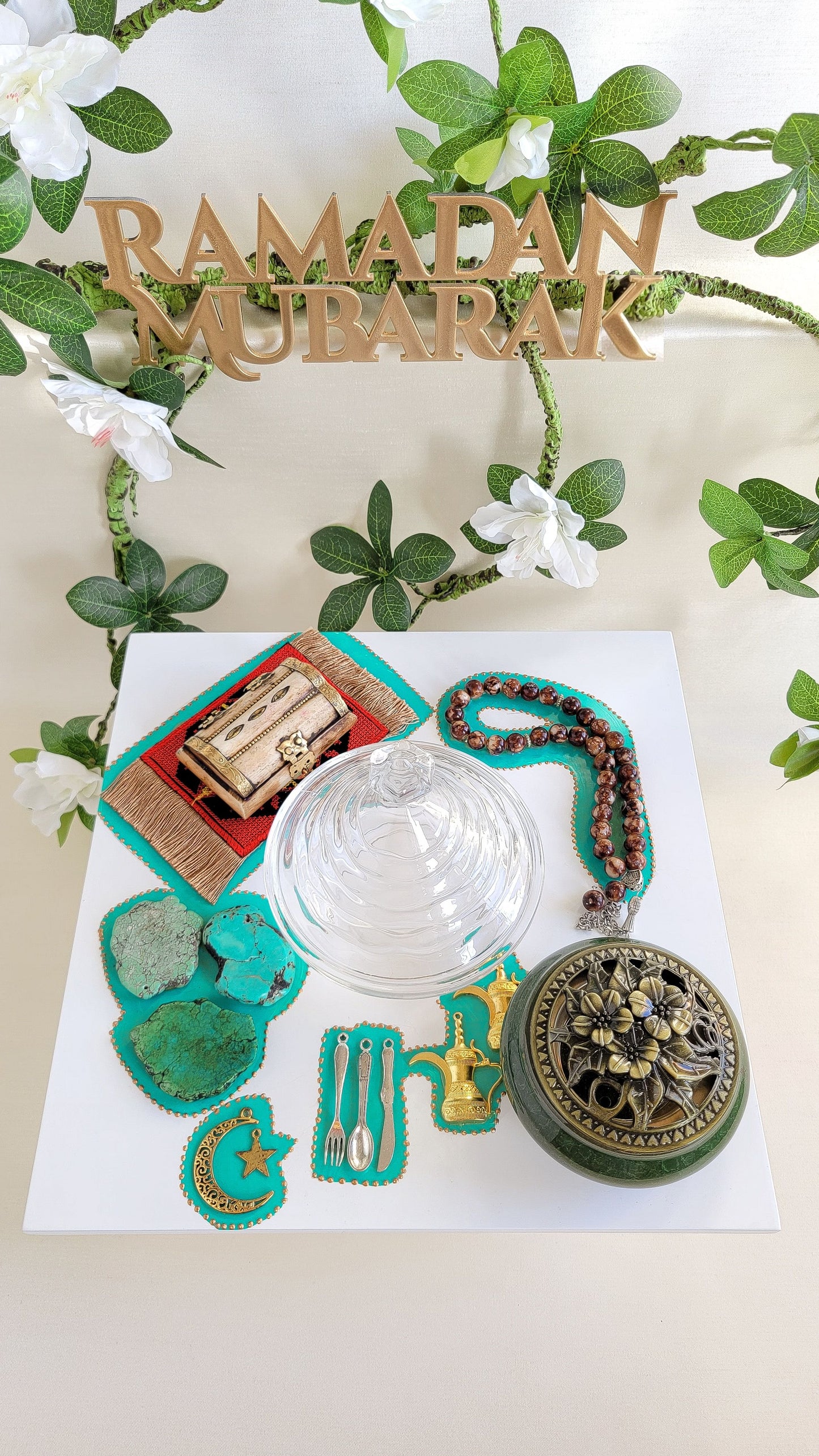 Square Wooden Eid & Ramadan Serving Tray with Brown Prayer Beads