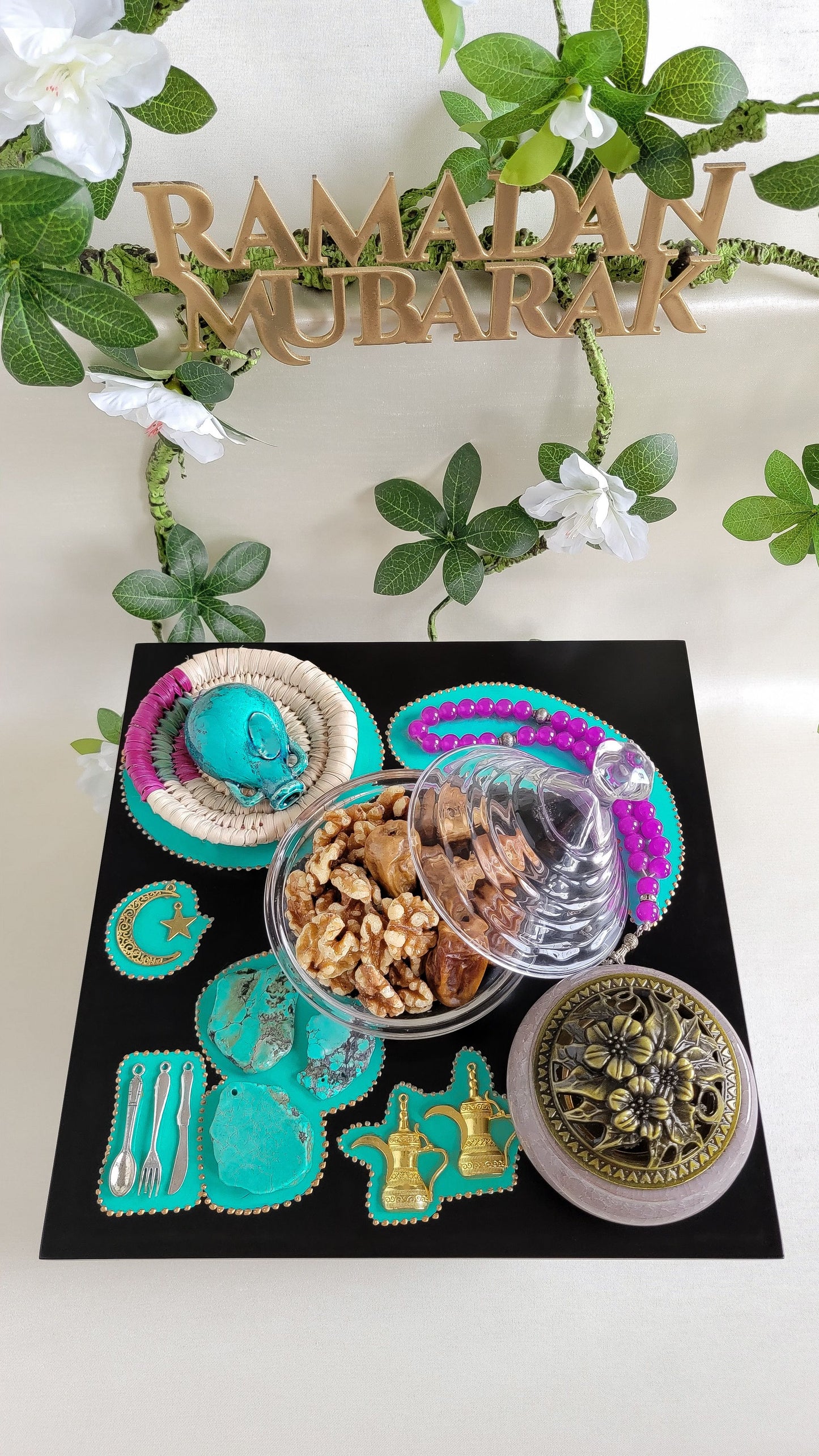 Square Wooden Eid & Ramadan Serving Tray with Purple Prayer Beads