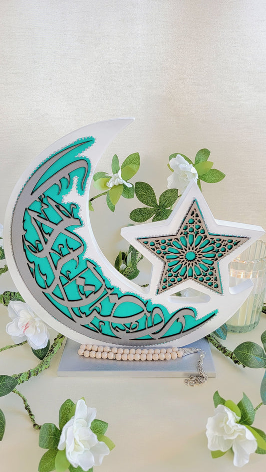 Ramadan Kareem White Crescent Wooden Stand with Tasbih Prayer Beads