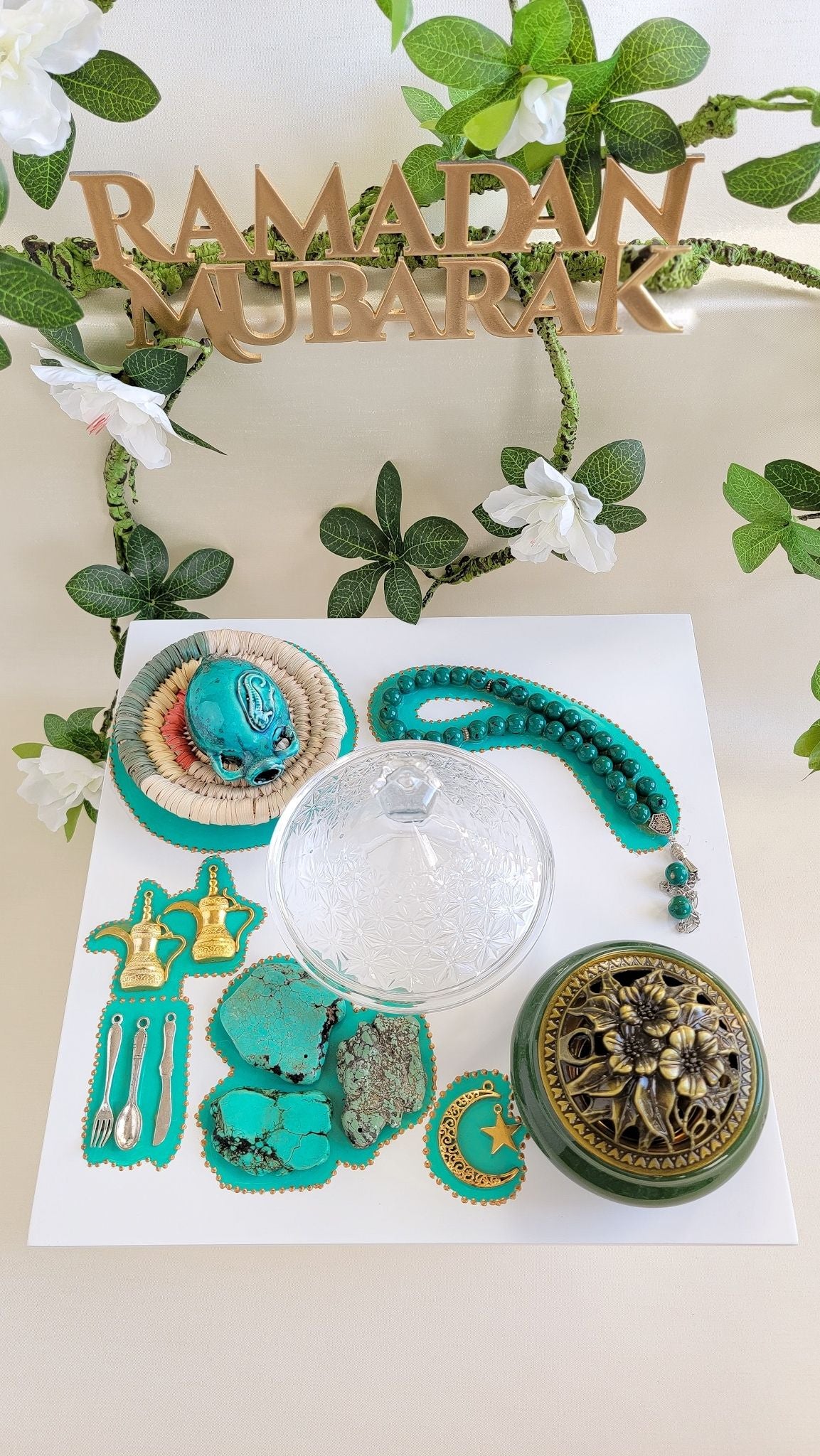 Square Wooden Eid & Ramadan Serving Tray with Green Prayer Beads