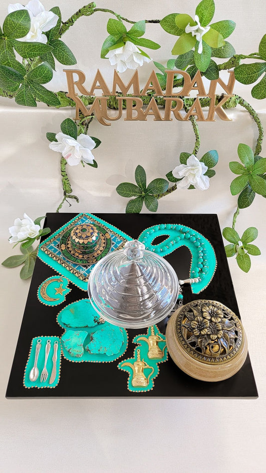 Square Wooden Eid & Ramadan Serving Tray with Green Prayer Beads