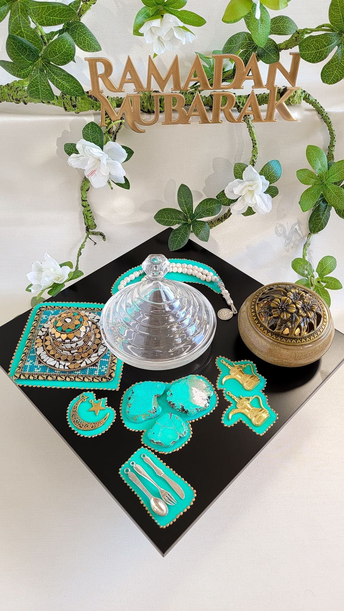 Square Wooden Eid & Ramadan Serving Tray with White Prayer Beads